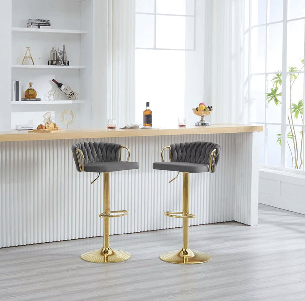 Luxe barkruk - Fluweel Barkruk - Set van 2 - Gevlochten - Hoogte verstelbaar - 360 graden draaibaar - Velvet - Gouden poot - Grijs