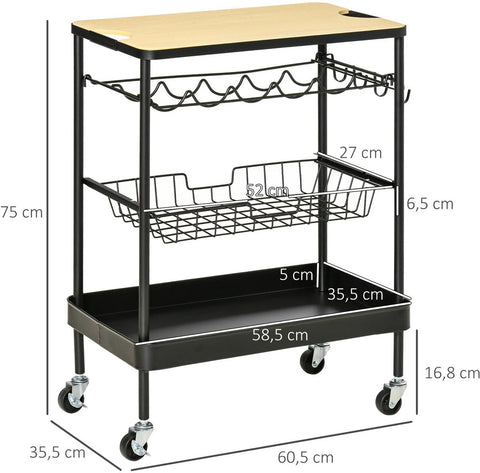 Rollende Barkar - Zwart - Drankwagen - Serveerwagen - Barkar Met Wielen - Theewagen - Keukentrolley