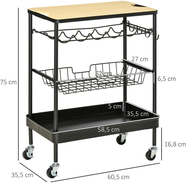 Rollende Barkar - Zwart - Drankwagen - Serveerwagen - Barkar Met Wielen - Theewagen - Keukentrolley