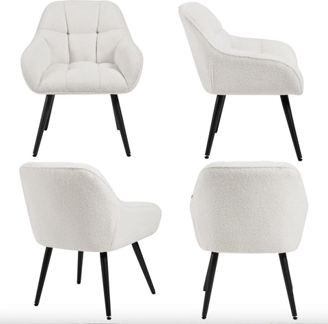 Fauteuil - Stoel - Leesstoel - Eetkamerstoel - eettafel - Teddystof - Zachte stof - Metalen poot - Wit