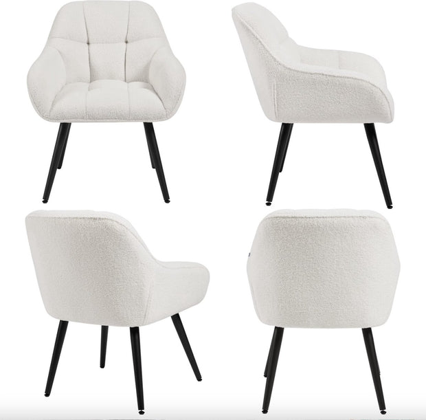 Fauteuil - Stoel - Leesstoel - Eetkamerstoel - eettafel - Teddystof - Zachte stof - Metalen poot - Wit