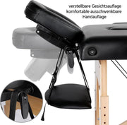 Folding massage table with wooden legs and height adjustment - Carrying bag and accessories - Cosmetic lounger