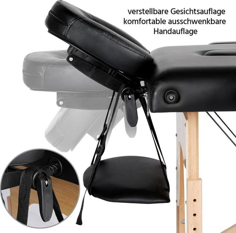 Folding massage table with wooden legs and height adjustment - Carrying bag and accessories - Cosmetic lounger