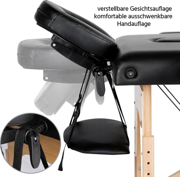 Folding massage table with wooden legs and height adjustment - Carrying bag and accessories - Cosmetic lounger