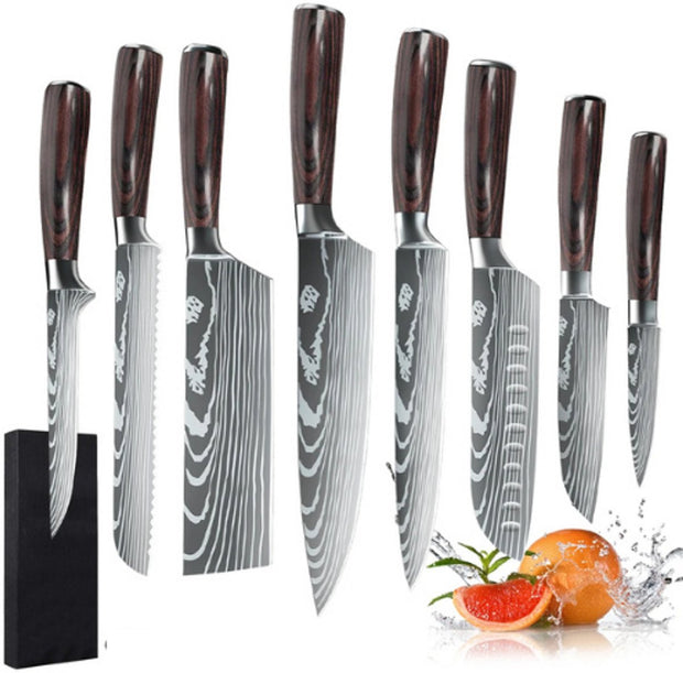 Japanse messen - Koksmes - Damascus mes - 8 delig messenset - Bruin