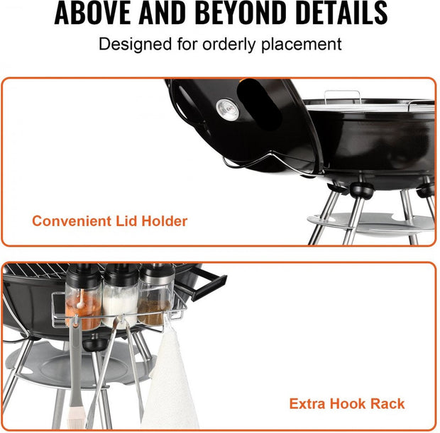 Houtskool Kogelgrill 56 cm - Draagbare BBQ Grill met Deksel - Grote Grilloppervlak - Zwart - 63 x 82 x 88 cm