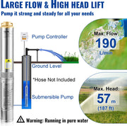 Diepe Bronpomp - met Externe Schakelkast en 20 m Stroomkabel - met Terugslagklep en Filter - Stroom 190L/min - 1100W - Maximale Opvoerhoogte van 57 m - Beschermingsgraad IP68 - Voor Regentonnen - Reservoirs - Kanalen - Rivieren - Zilver