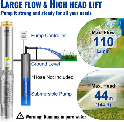Diepe Bronpomp - Stroom 110L/min - 370W - Maximale Opvoerhoogte van 44 m - met Externe Schakelkast en 20 m Stroomkabel - met Terugslagklep en Filter - IP68 - Voor Regentonnen  Reservoirs - Kanalen - Rivieren - Zilver