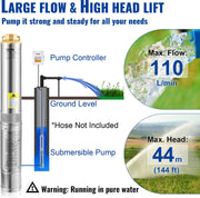 Diepe Bronpomp - Stroom 110L/min - 370W - Maximale Opvoerhoogte van 44 m - met Externe Schakelkast en 20 m Stroomkabel - met Terugslagklep en Filter - IP68 - Voor Regentonnen  Reservoirs - Kanalen - Rivieren - Zilver