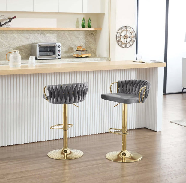 Luxe barkruk - Fluweel Barkruk - Set van 2 - Gevlochten - Hoogte verstelbaar - 360 graden draaibaar - Velvet - Gouden poot - Grijs