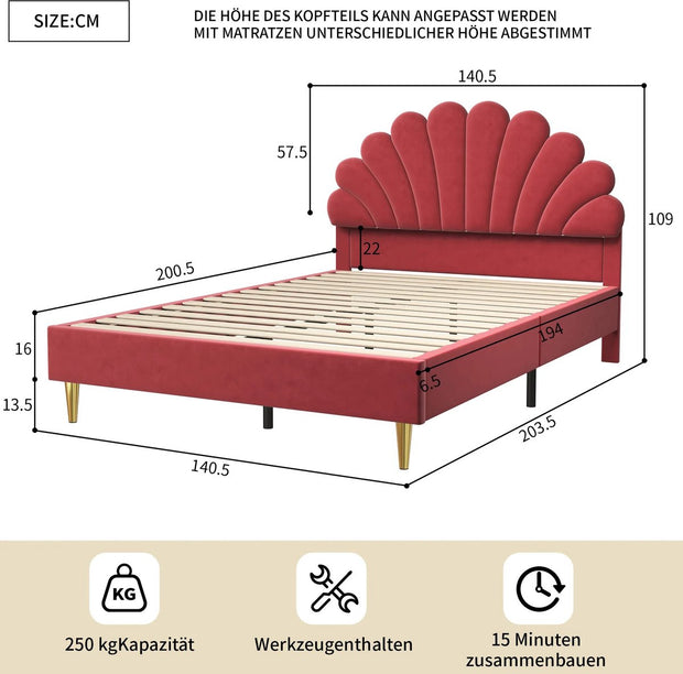 Gestoffeerd Bed - Bloemvormig Hoofdeind - Zonder Matras - 140x200 cm - Wine Red