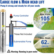 Diepe Bronpomp - Maximale Opvoerhoogte van 62 m - Stroom 105L/min - 750W - 50Hz - IP68 - met Externe Schakelkast en 20 m Stroomkabel - Terugslagklep en Filter - Voor Regentonnen - Reservoirs - Kanalen - Rivieren