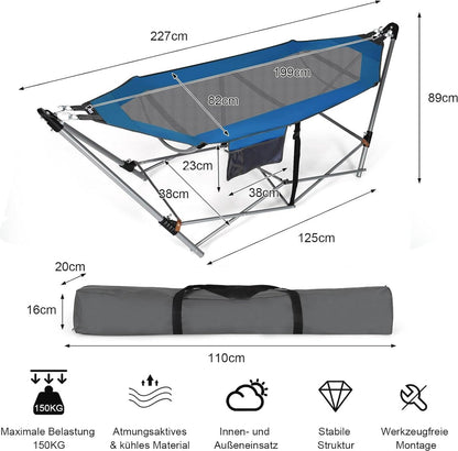 Opvouwbare hangmat met frame en zijvak - draagbaar - 150 kg draagvermogen - voor gebruik binnen en buiten