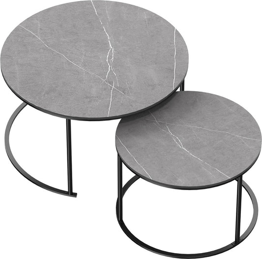 Coffee tables - Round coffee tables - Coffee table - Modern round gray coffee table - Set of 2 - Stone top with metal round leg