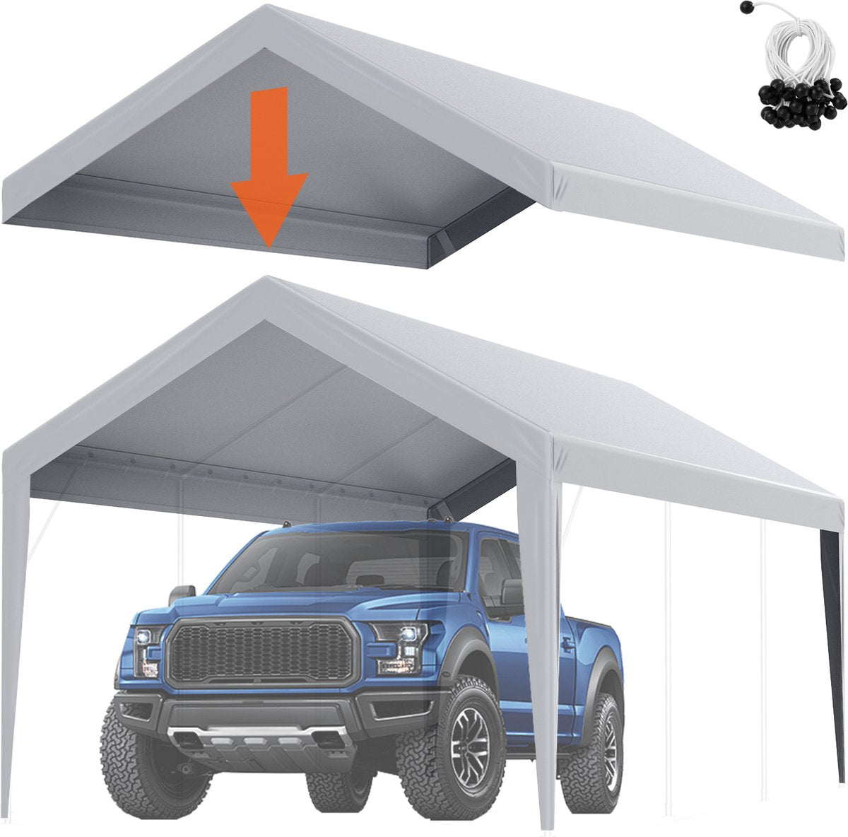 Garagezeil - 3x6m - 210 g PE-kunststof - Grijs Topzeil met Randen - Waterdicht en UV-beschermd - Eenvoudige Installatie met Spanbanden - Niet-Elektrisch