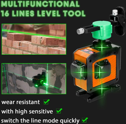 Laserlijn - Kruislijnlaser - 16 Lijnen - 4D - 2x Accu - Afstandsmeter - Groen - Met Accessoires - 360° - 520Nm