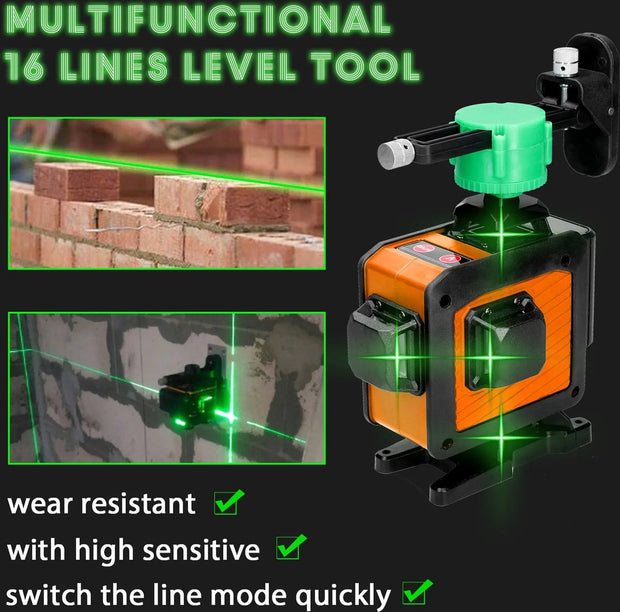 Laserlijn - Kruislijnlaser - 16 Lijnen - 4D - 2x Accu - Afstandsmeter - Groen - Met Accessoires - 360° - 520Nm