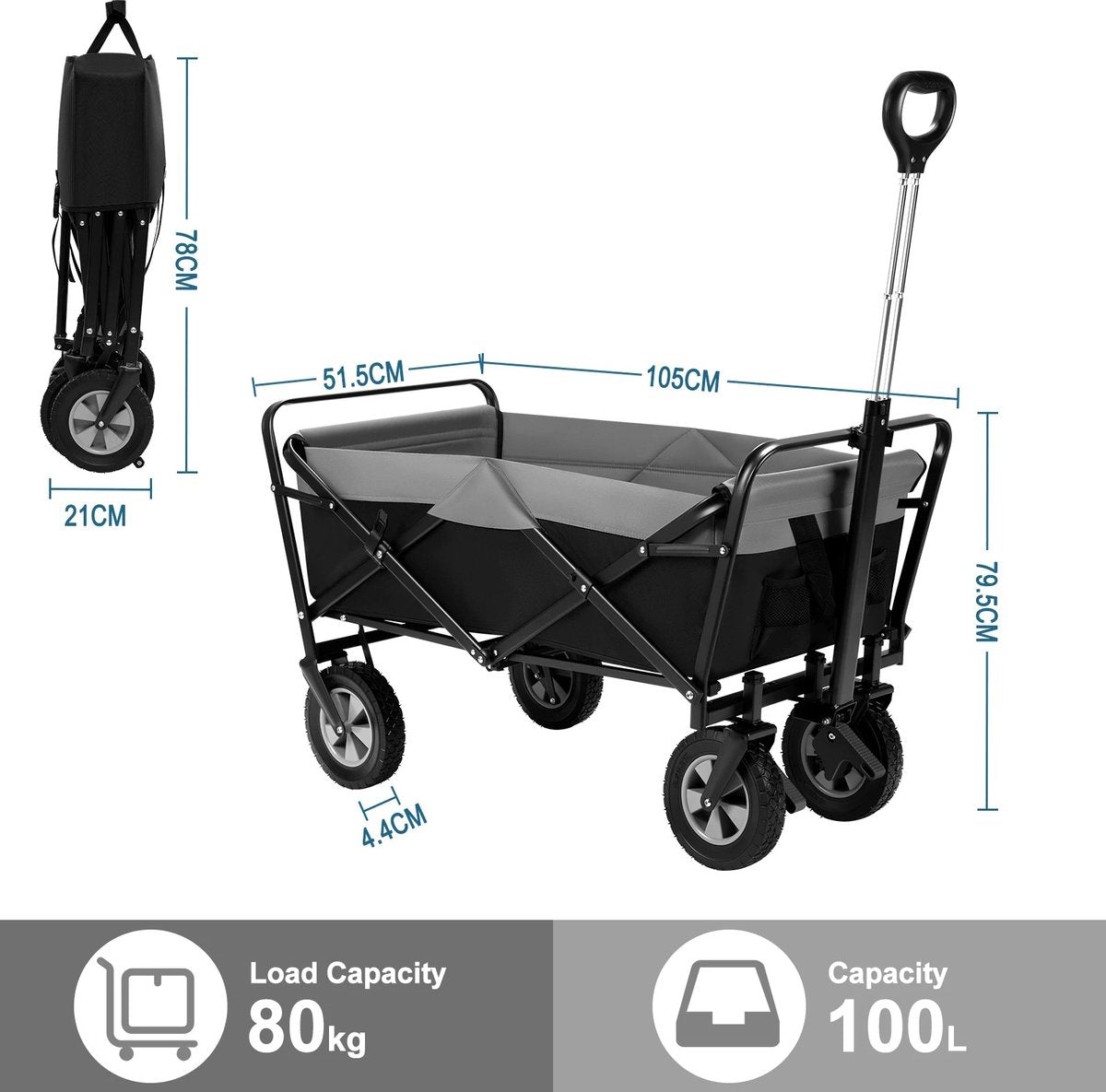Trendy Handkar – Opvouwbare Trolley – 100L / 80 kg – 4 Terreinbanden – Zwart/Grijs – Draaibaar en Multifunctioneel – Ideaal voor Kinderen, Boodschappen en Picknicken