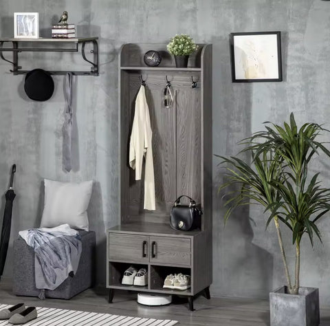 Kapstok - Garderobe rek - Kledingrek - 3 haken - Schoenen opslag - Plank - 2 deurtjes - Hout - Grijs - 60x34x170cm