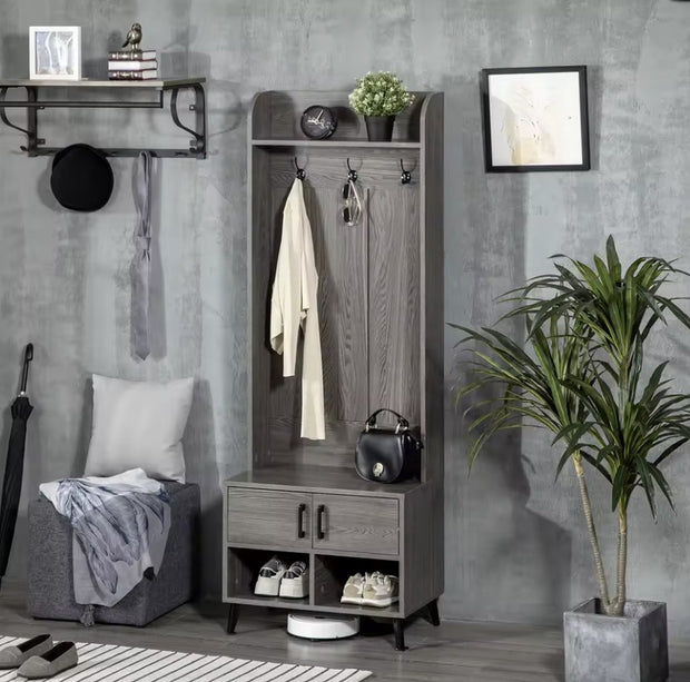 Kapstok - Garderobe rek - Kledingrek - 3 haken - Schoenen opslag - Plank - 2 deurtjes - Hout - Grijs - 60x34x170cm