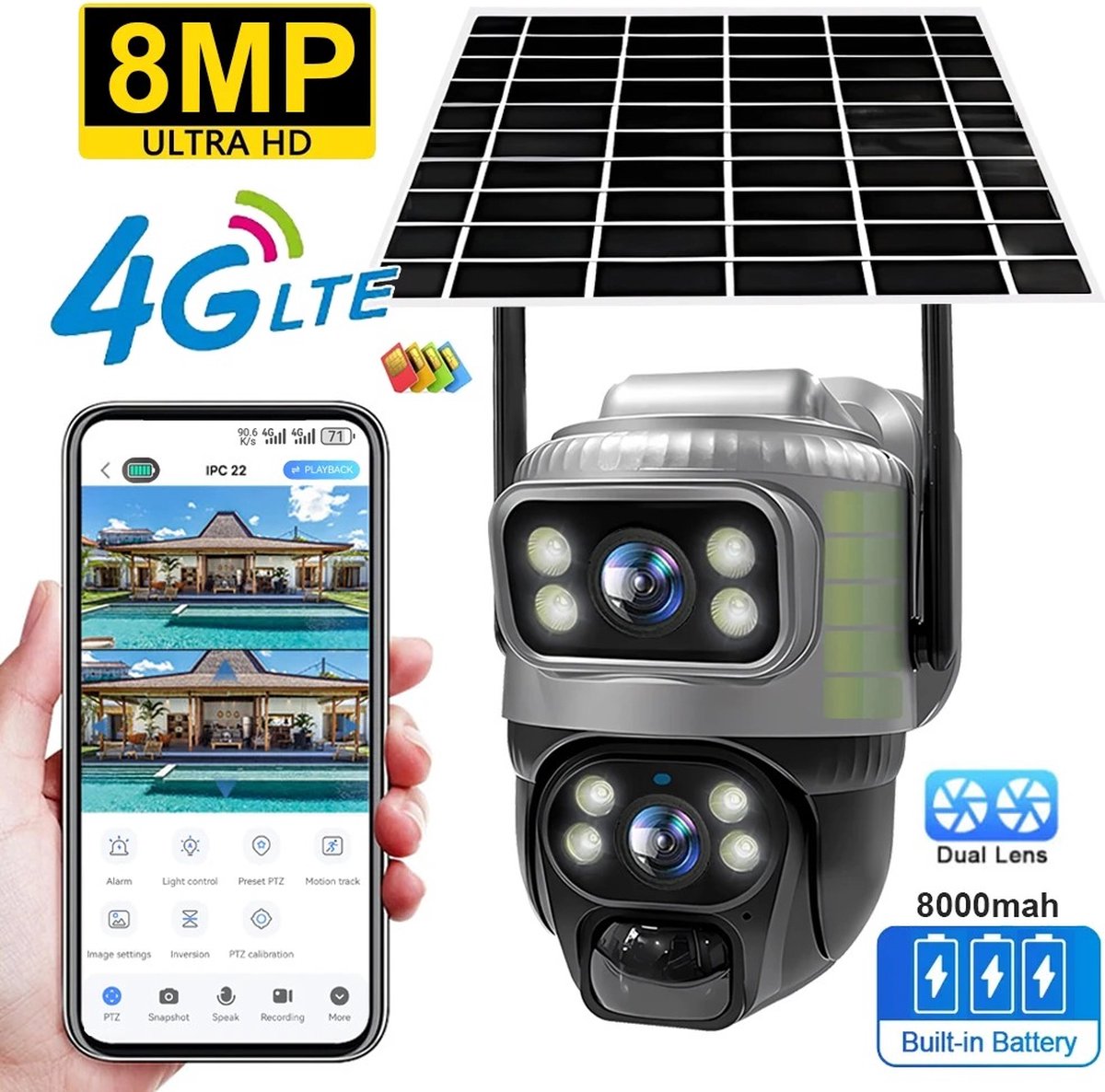 Beveiliging camera zonne-energie - Draaibare camera - Waterdicht - Nachtzicht - Met microfoon - Met app - Spraakintercom