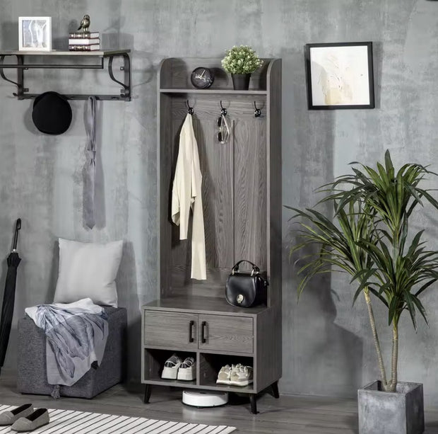 Kapstok - Garderobe rek - Kledingrek - 3 haken - Schoenen opslag - Plank - 2 deurtjes - Hout - Grijs - 60x34x170cm