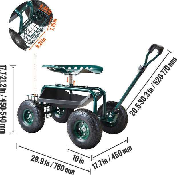 Tuinkar - Verrijdbaar - Tot 140 kg - Hoogte Verstelbaar - 360gr Draaibaar - Robuust Staal - 4 Zware Luchtbanden - Uitschuifbare Stuurstang - Tuinwagen - Tuinkruk - Kruiwagen