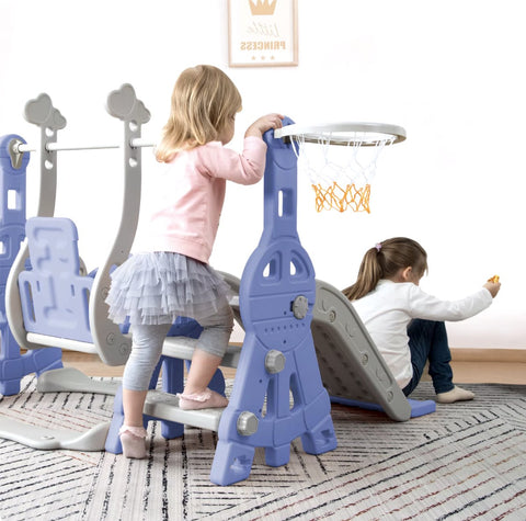 Kinder Speeltoestel - Schommel - Glijbaan - Basketbal - trap - 4 in 1 - Binnen - Buiten - Blauw - 140cm