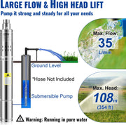 Diepe Bronpomp - Stroom 35L/min - 550W - Maximale Opvoerhoogte van 108 m - met Externe Schakelkast en 20 m Stroomkabel - met Terugslagklep en Filter - IP68 - Voor Regentonnen - Reservoirs - Kanalen - Rivieren