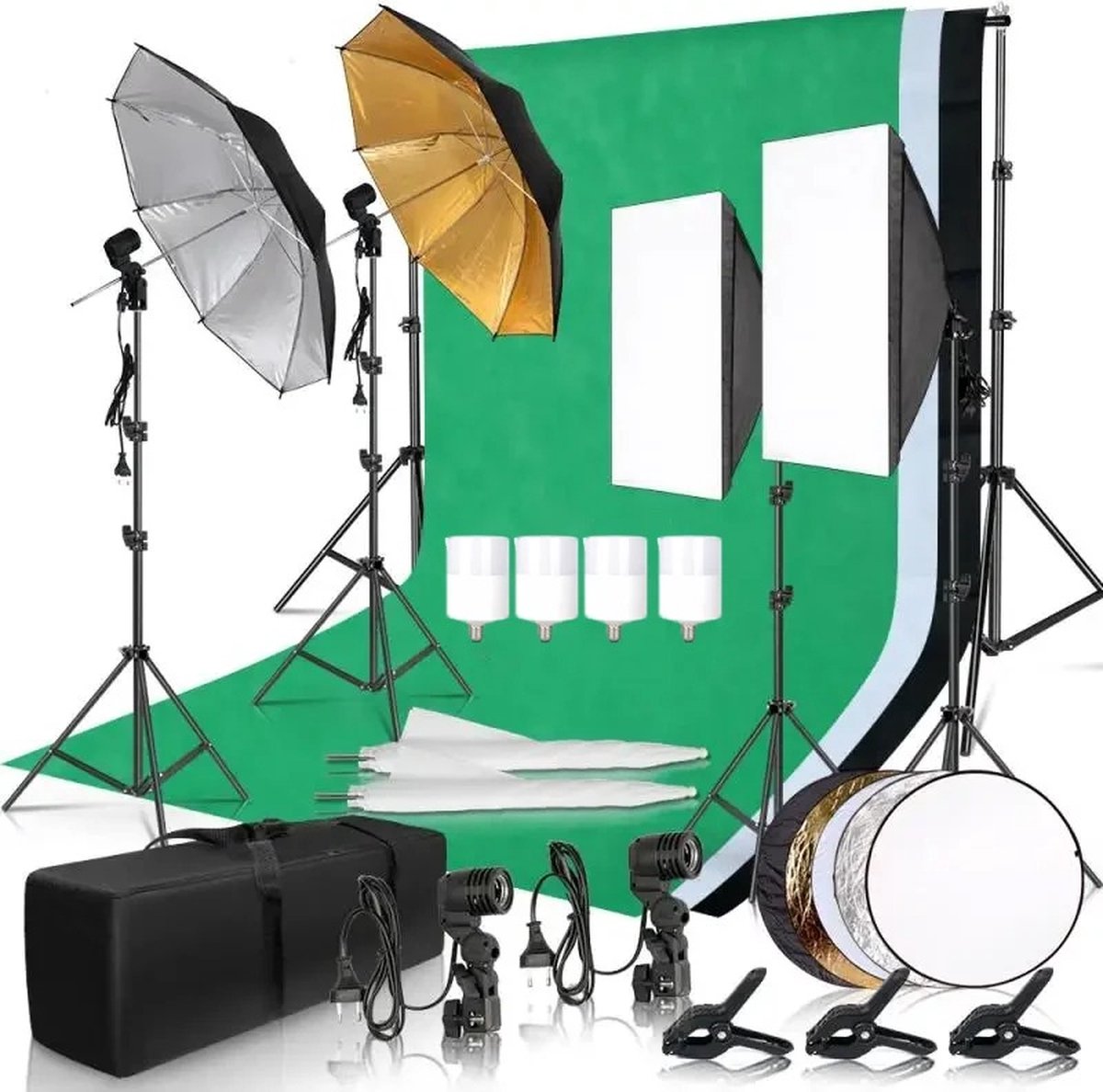 Photo Studio Softbox Lighting Kit with Background Frame - Backdrop System - Studio Photography - Includes 3 Backdrops, Tripod, Reflector Board and 4 Umbrellas - Complete Set