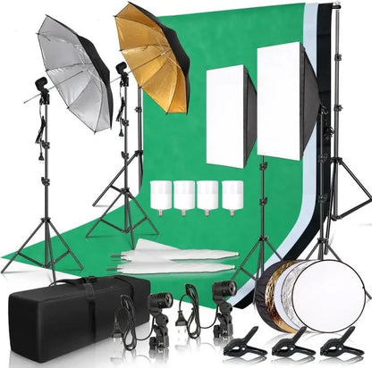 Photo Studio Softbox Lighting Kit with Background Frame - Backdrop System - Studio Photography - Includes 3 Backdrops, Tripod, Reflector Board and 4 Umbrellas - Complete Set