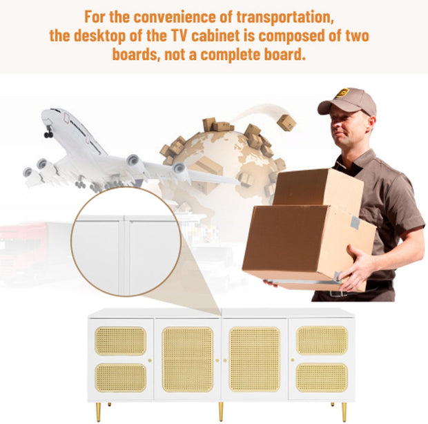 Elegant White Rattan - TV Cabinet - 180x40x72cm - met 4 Rotan Deuren - in Hoogte Verstelbare Planken - en Kabelbeheer - voor Maximaal 80 inch Televisies - Tv-Kasten - Lowboards