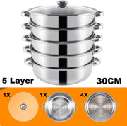 Professionele Stoompan - 5 lagen - Stoomkoker - Ø30cm - Topkwaliteit - RVS - Glazen deksel - Inductie Gas Elektrisch
