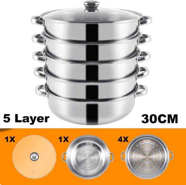 Professionele Stoompan - 5 lagen - Stoomkoker - Ø30cm - Topkwaliteit - RVS - Glazen deksel - Inductie Gas Elektrisch