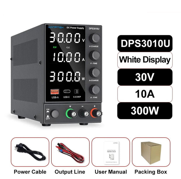 Wanptek - Voeding - Omvormer - Regelbare spanningsregelaar 30V - 10 - 300W - Wit display - Voor telefoonreparatie - Gereguleerde labtafel - DC-voedingen - Zwart