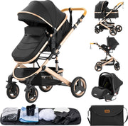 Luxe Kinderwagen - Luxe Kinderkoets - Luxe Babywagen - Luxe Baby Koets - Baby Koets - Kinderwagen - Babywagen - Kinderkoets - Inklapbaar - 3 In 1 - 9KG - Zwart
