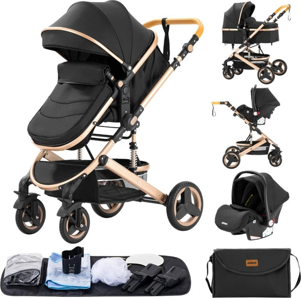 Luxe Kinderwagen - Luxe Kinderkoets - Luxe Babywagen - Luxe Baby Koets - Baby Koets - Kinderwagen - Babywagen - Kinderkoets - Inklapbaar - 3 In 1 - 9KG - Zwart