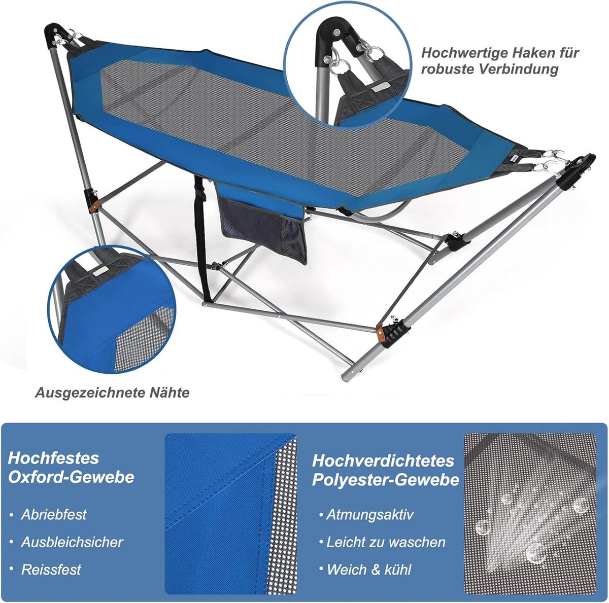 Opvouwbare hangmat met frame en zijvak - draagbaar - 150 kg draagvermogen - voor gebruik binnen en buiten