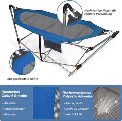 Opvouwbare hangmat met frame en zijvak - draagbaar - 150 kg draagvermogen - voor gebruik binnen en buiten