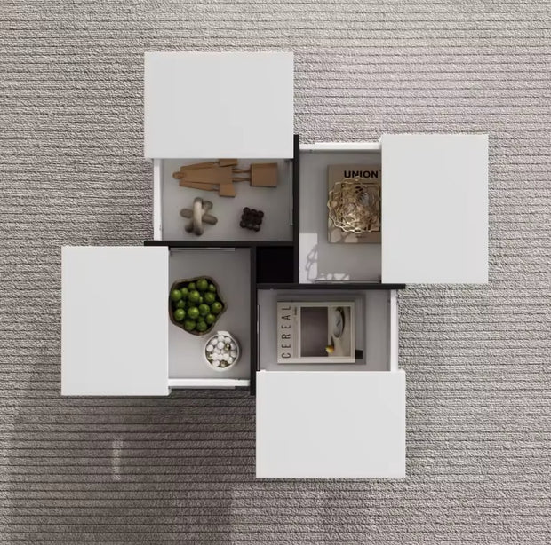 Salontafel - Hoogglans salontafel - Vierkant salontafel - 4 Lades - Uitschuifbaar - Hoogglans wit - 70x70x35cm