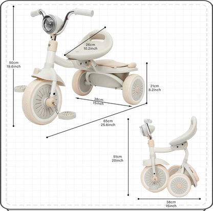 Opvouwbare Driewieler - Loopfiets met Pedalen - PU Wielen Schokabsorberend - LED Lamp - Veilig en Comfortabel - Binnen en Buiten - 1-5 Jaar - Uitgebreid Getest - Wit/Roze