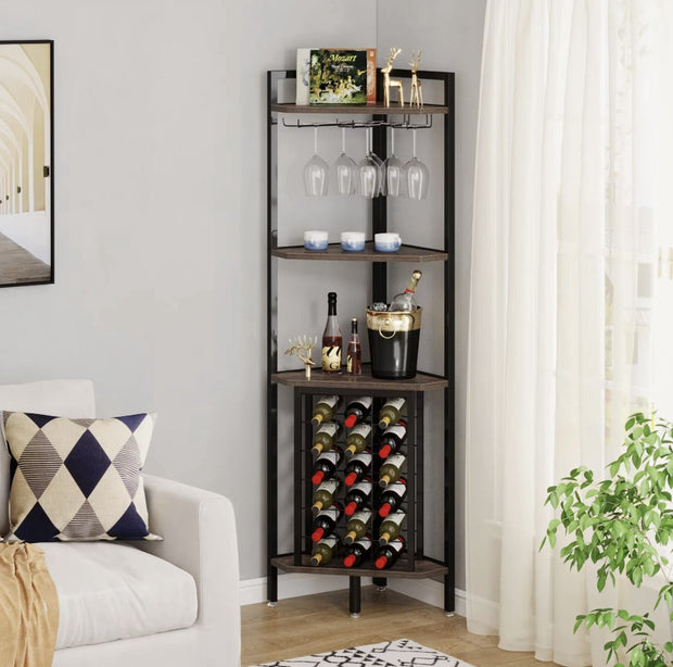 Wine cabinet - Wine rack - Beverage cabinet - Corner cabinet - Cupboard - With glass rack - Industrial - Wood and metal - Brown/Black