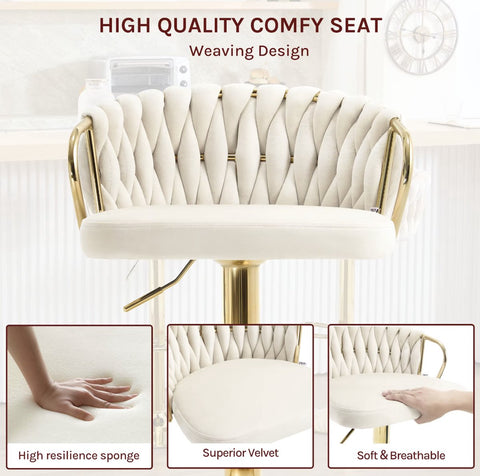 Luxe barkruk - Fluweel Barkruk - Set van 2 - Gevlochten - Hoogte verstelbaar - 360 graden draaibaar - Velvet - Gouden poot - Zwart