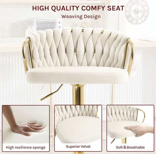 Luxe barkruk - Fluweel Barkruk - Set van 2 - Gevlochten - Hoogte verstelbaar - 360 graden draaibaar - Velvet - Gouden poot - Zwart