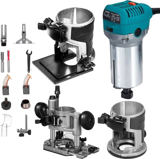 Compacte Router -Variabele Snelheid -  Met 2 Bases - Duurzaamheid - Groot Snelheidsbereik - Vaste Basis - Zilver
