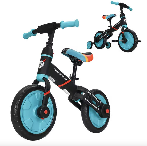 Loopfiets - Kinderfiets - Kleuterfiets - Peuterfiets - 4in1 kinderfiets - Afneembare trappers - Afneembare zijwieltjes - Verstelbaar zadel - Blauw - Zwart