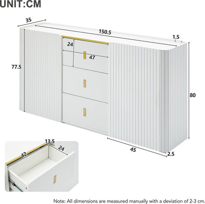 LED - Modern wit dressoir met LEDverlichting - 150x35x80 cm - 2 deuren, 3 lades en RGB-kleuren - Opbergkast voor woonkamer, eetkamer of hal - Wit