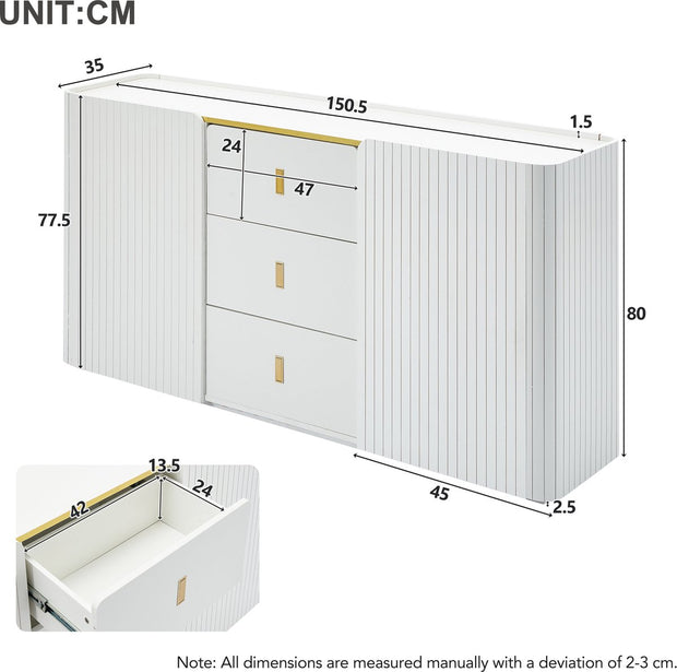 LED - Modern wit dressoir met LEDverlichting - 150x35x80 cm - 2 deuren, 3 lades en RGB-kleuren - Opbergkast voor woonkamer, eetkamer of hal - Wit