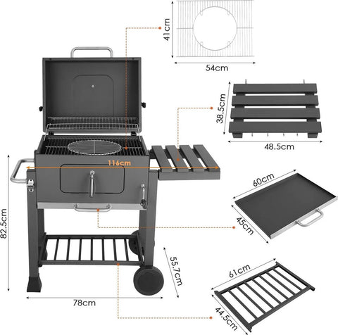Houtskool BBQ Grillwagen - In Hoogte Verstelbaar - Met Deksel en Thermometer - 113x53,5x100 cm - Voor Camping en Tuin