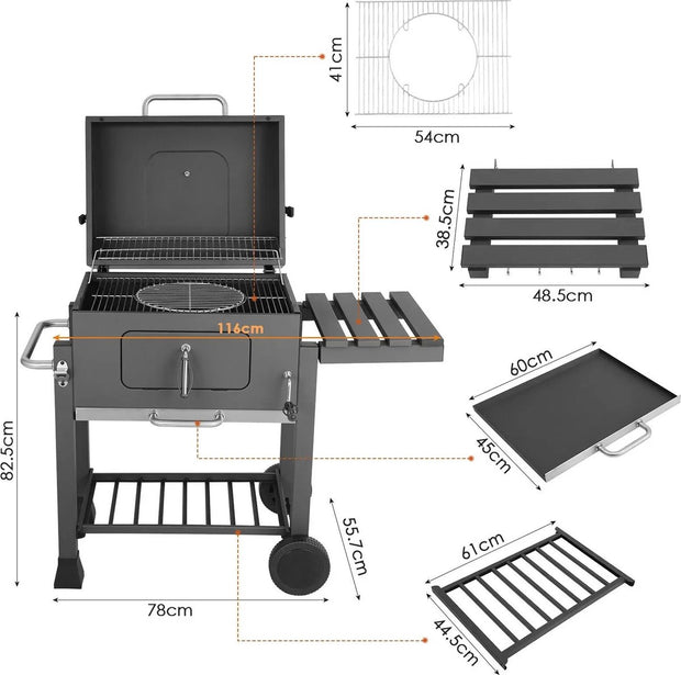 Houtskool BBQ Grillwagen - In Hoogte Verstelbaar - Met Deksel en Thermometer - 113x53,5x100 cm - Voor Camping en Tuin